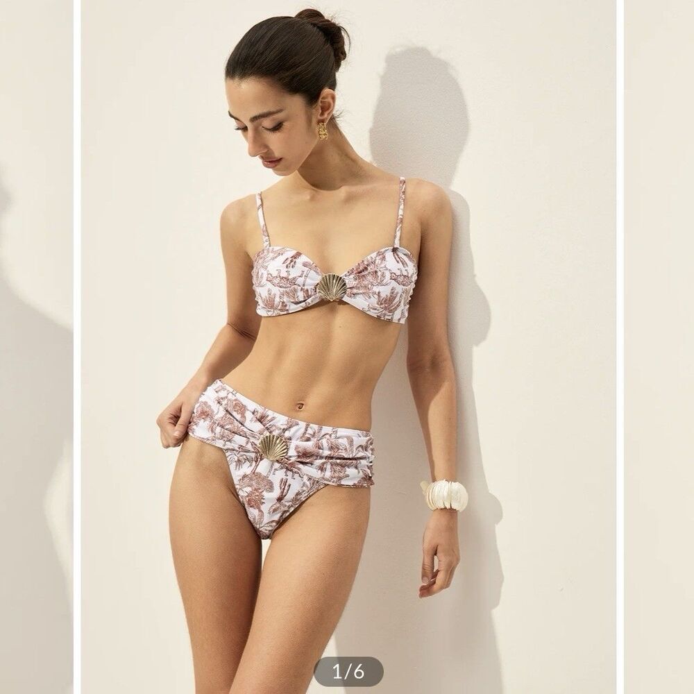 Commense Gold Shell Detail Bikini Set Size M NEW White Brown Tropical High Waist